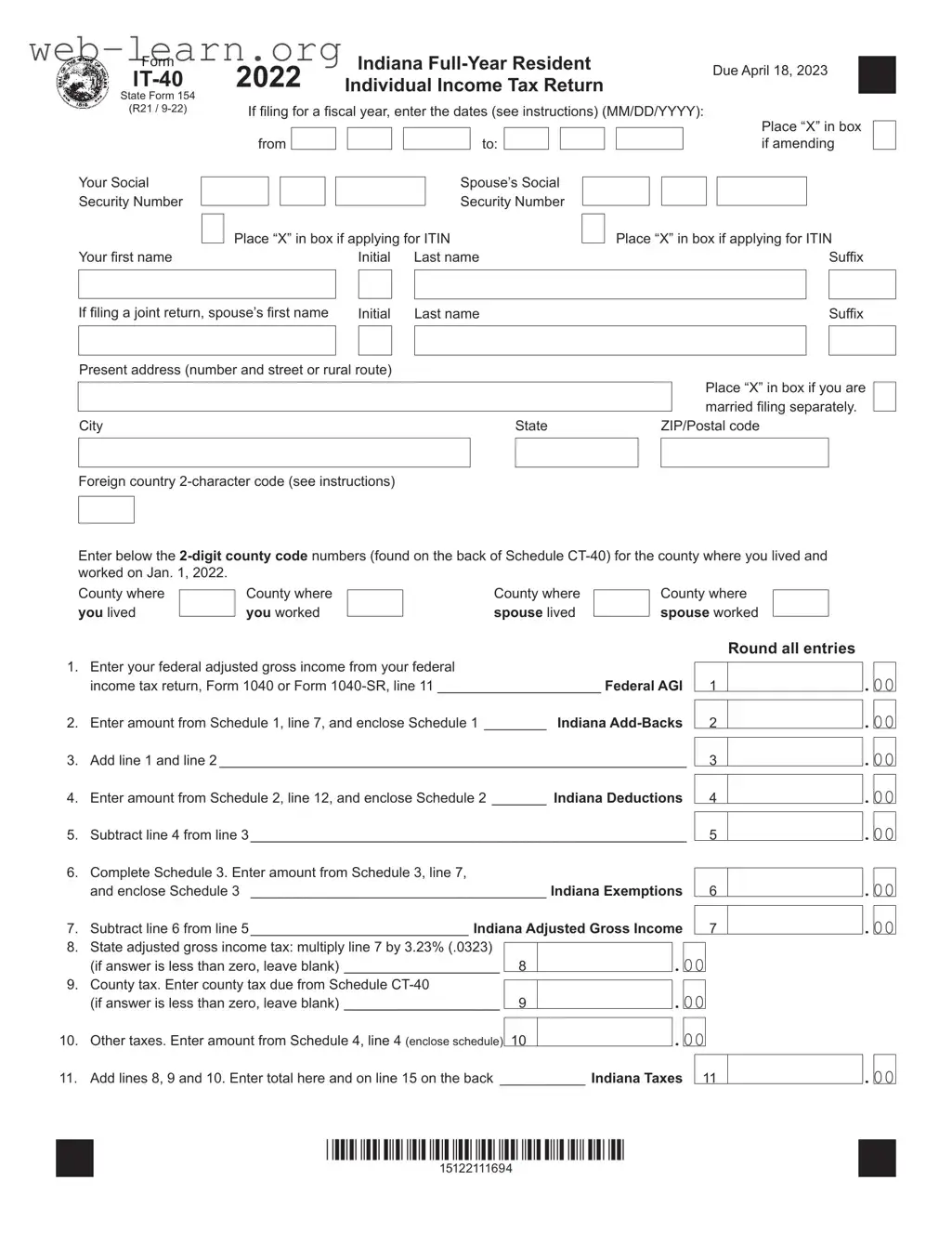 Blank Indiana It 40 Form
