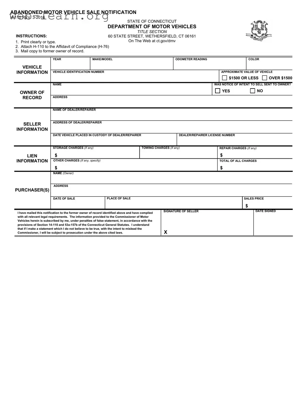 Blank Connecticut H 110 Form