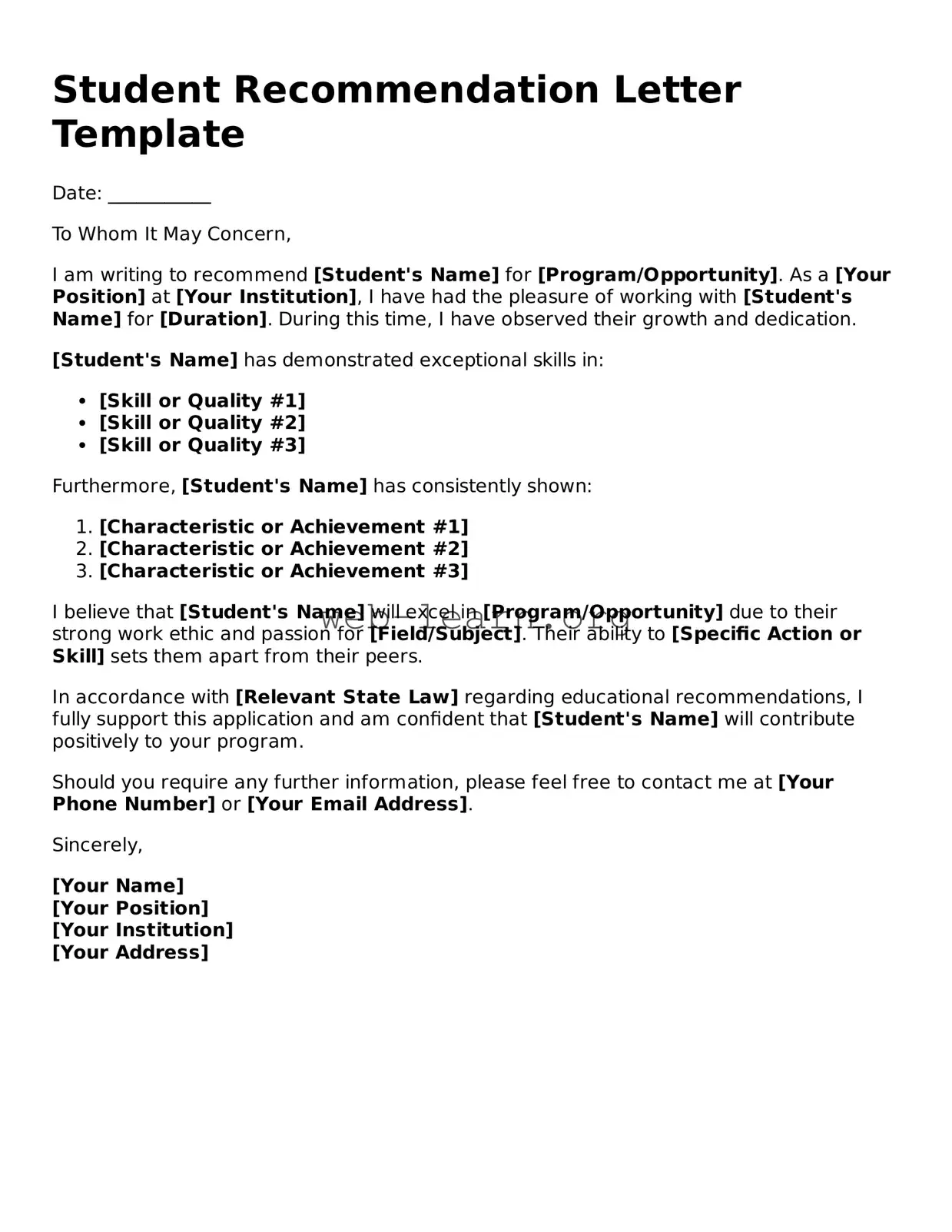 Attorney-Approved Student Recommendation Letter Template