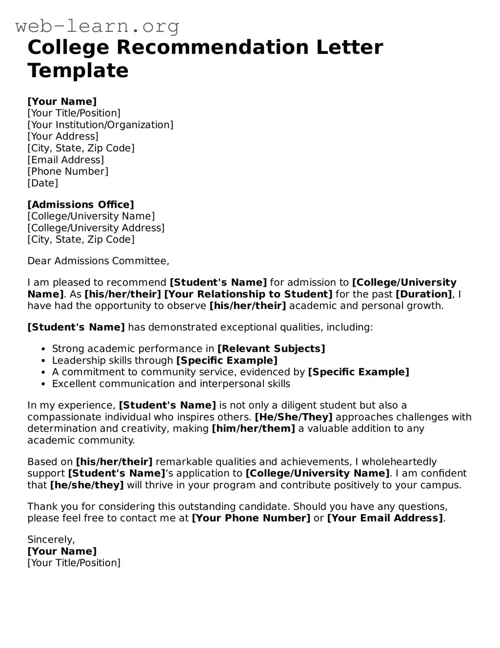 Attorney-Approved College Recommendation Letter Template