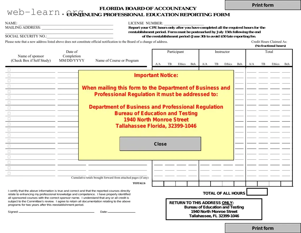 Blank Cpe Reporting Florida Form