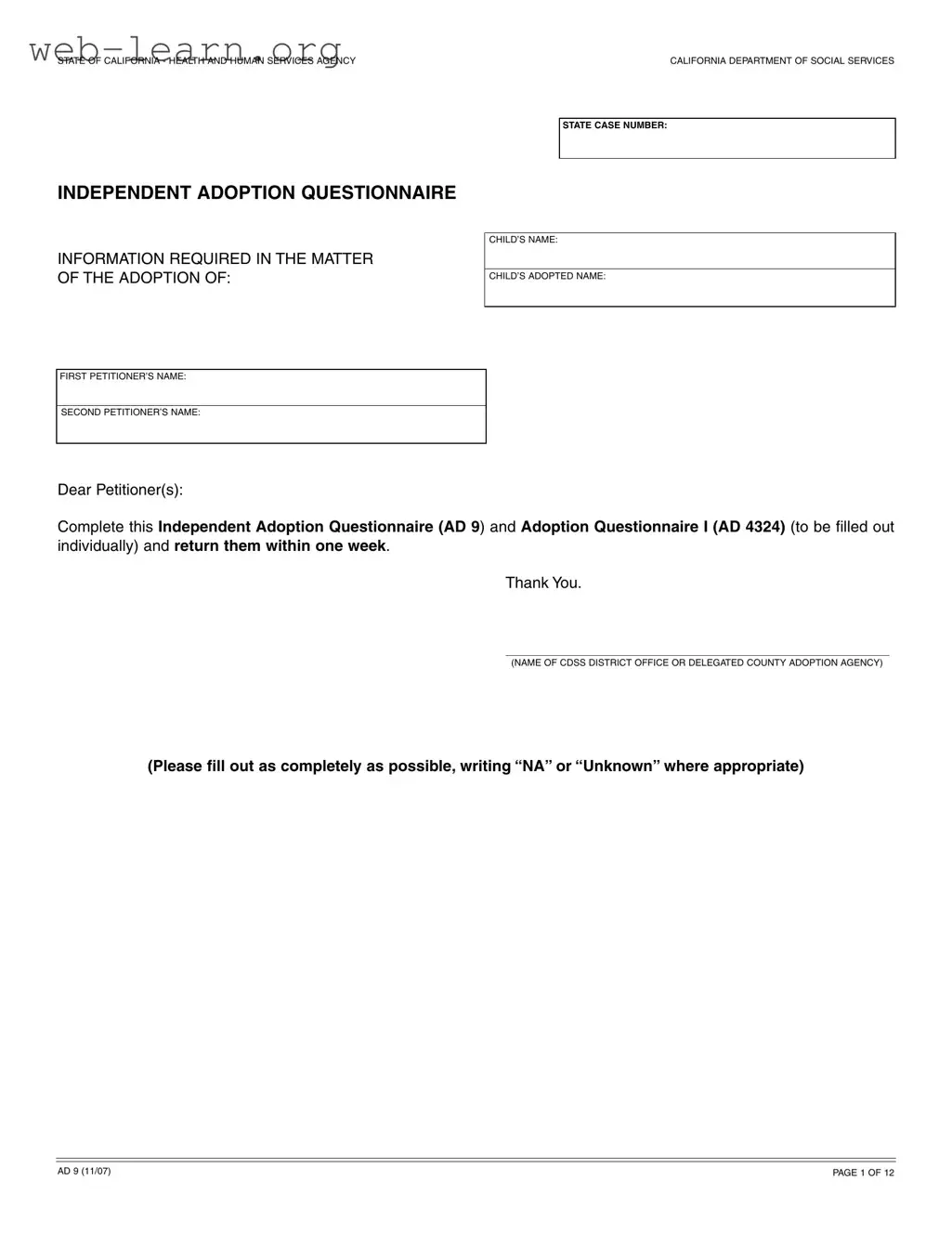 Blank California Ad 9 Form