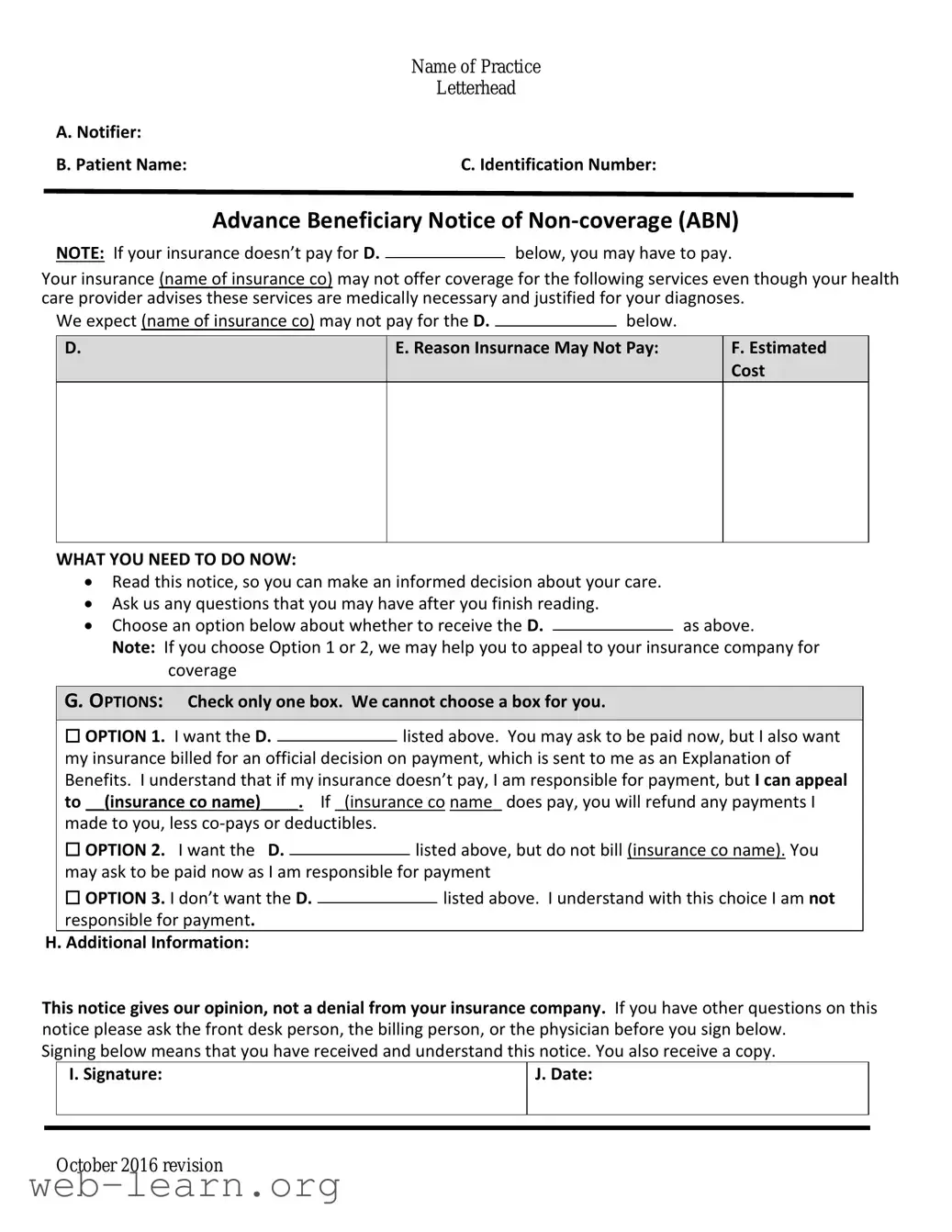 Blank Advance Beneficiary Notice of Non-coverage Form