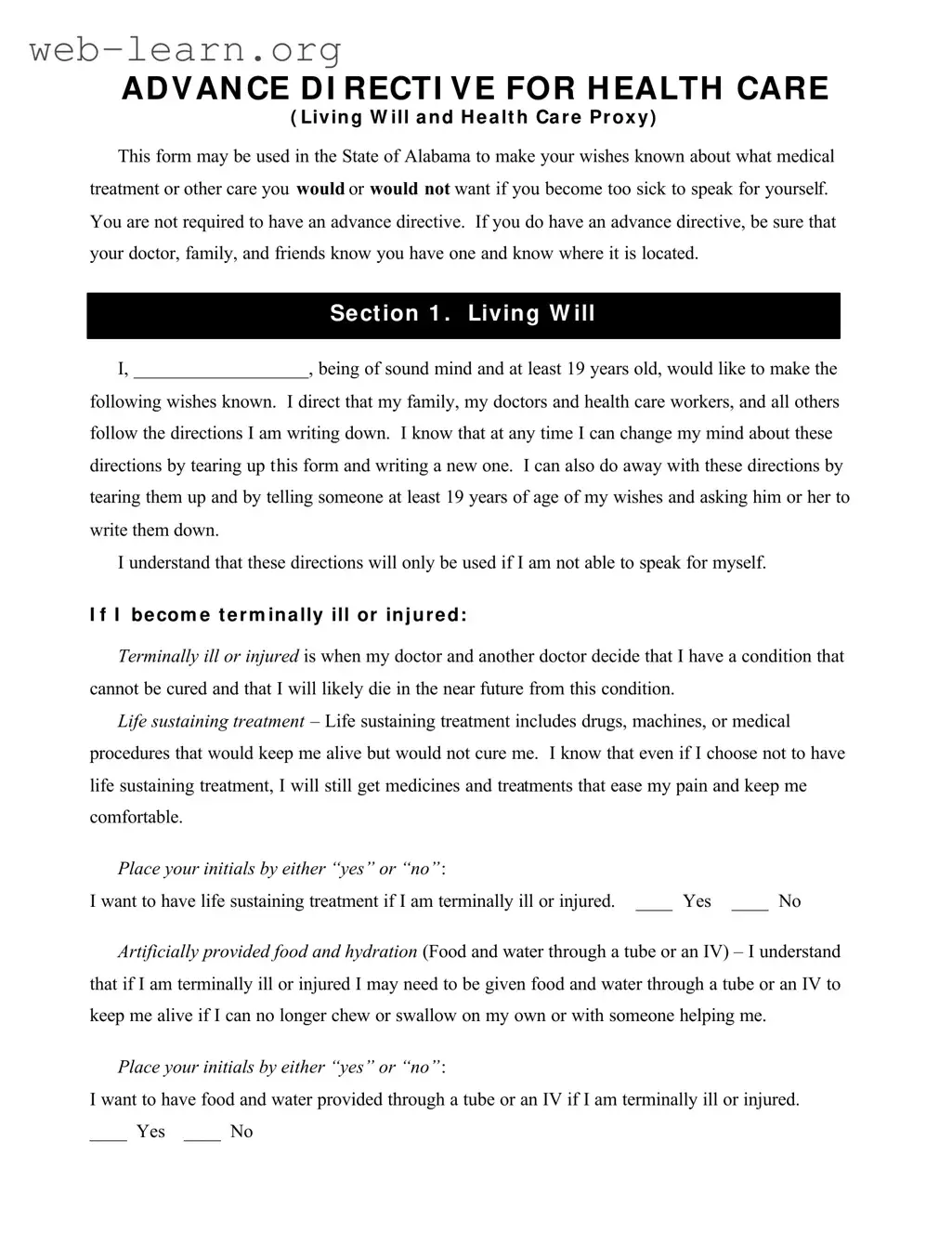 Blank Alabama Directive Health Care Form