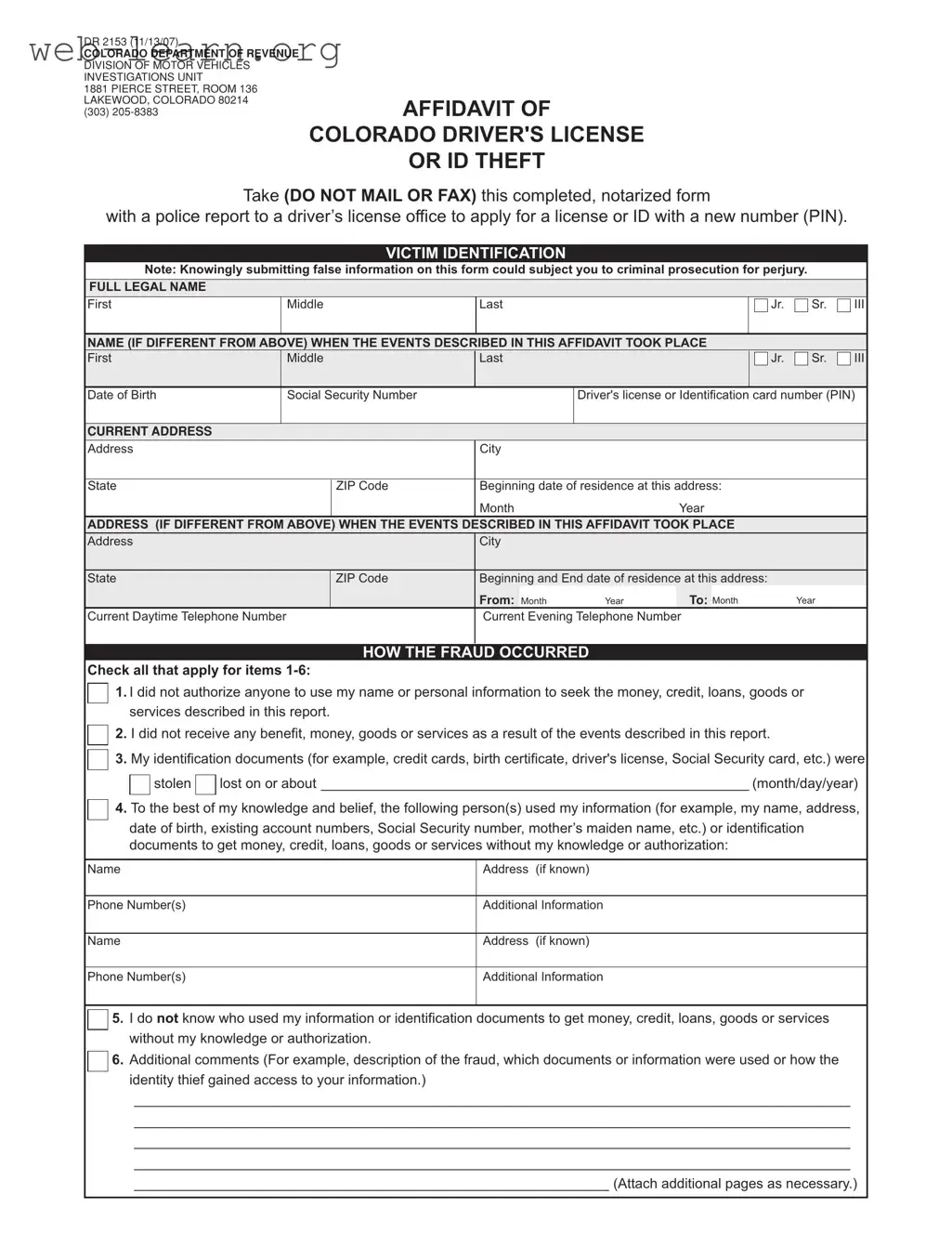 Blank Colorado Dr 2153 Form