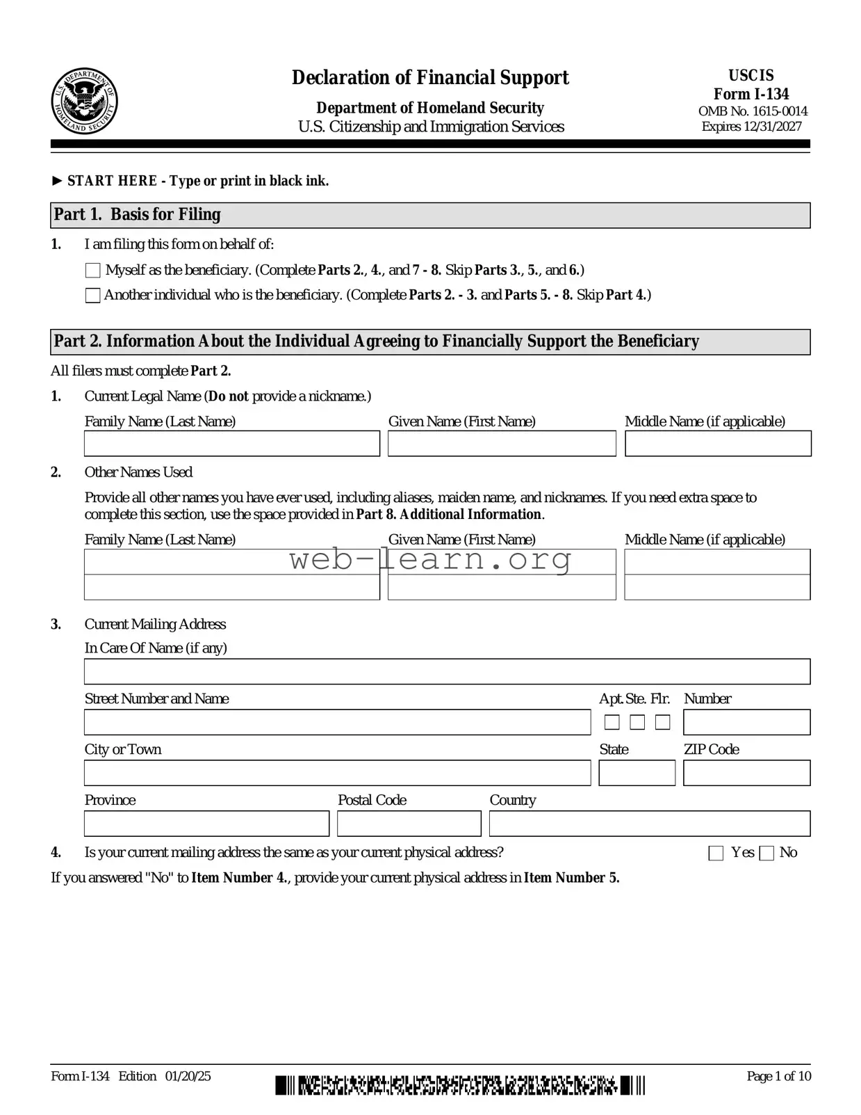 Blank USCIS I-134 Form