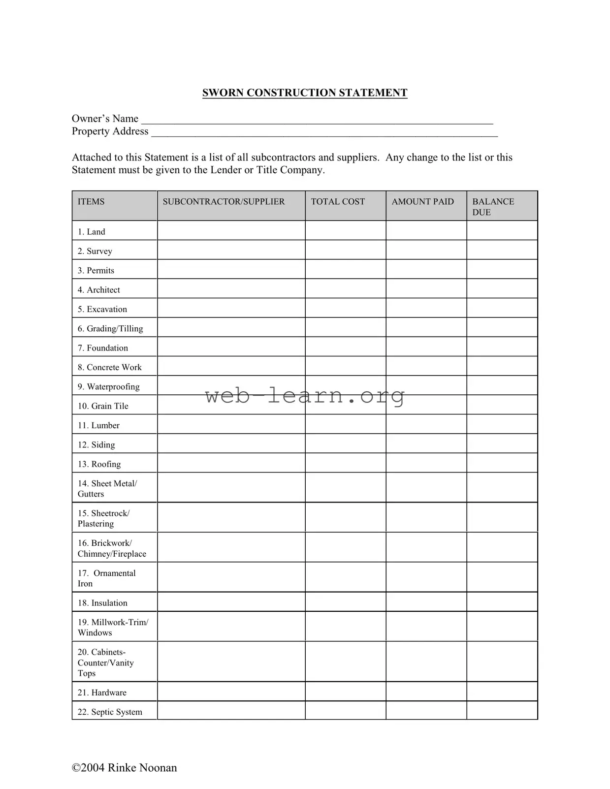 Blank Sworn Construction Statement Form