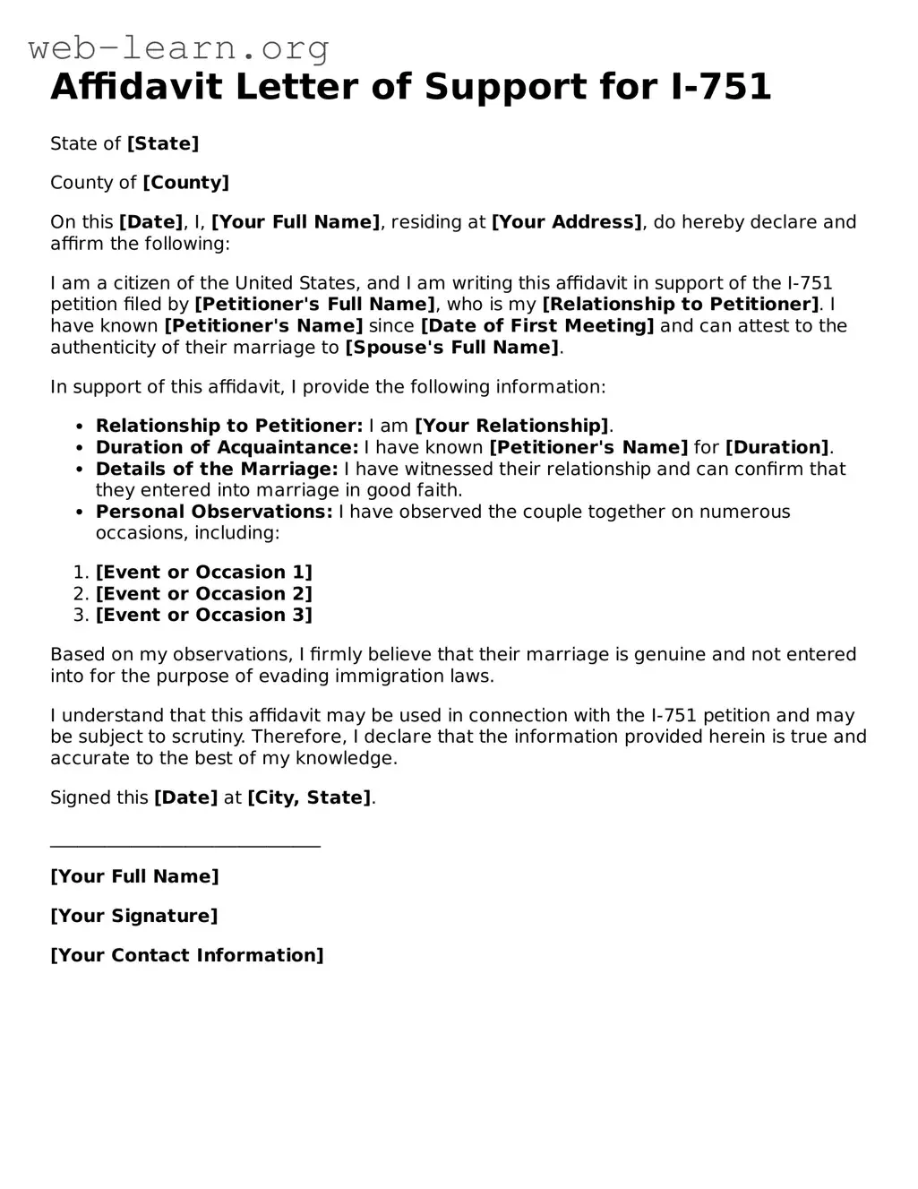 Attorney-Approved Affidavit Letter of Support for I-751 Template