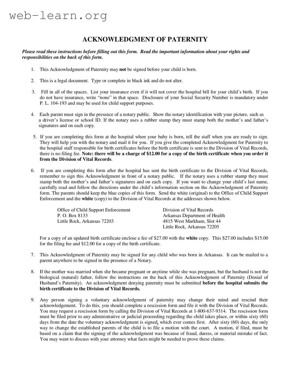 Blank Arkansas Acknowledgement Paternity Form