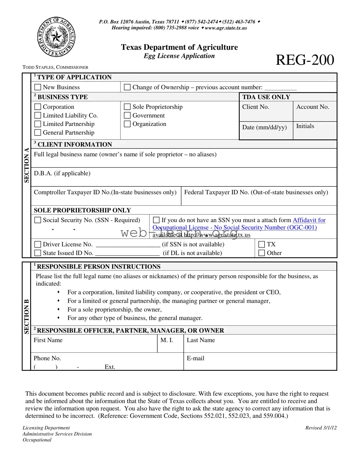 Blank Texas Reg 200 Form