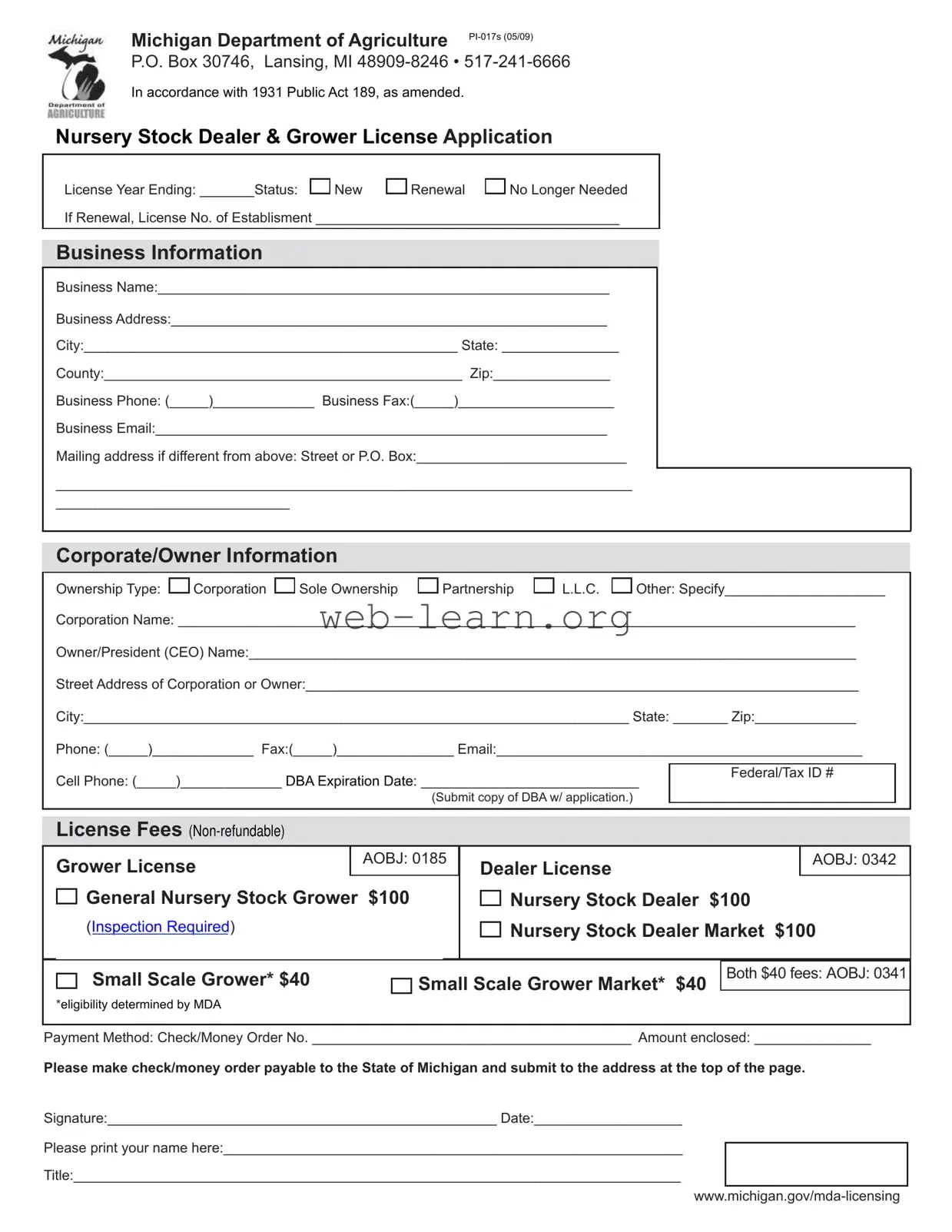 Blank Pi 017S Michigan Form