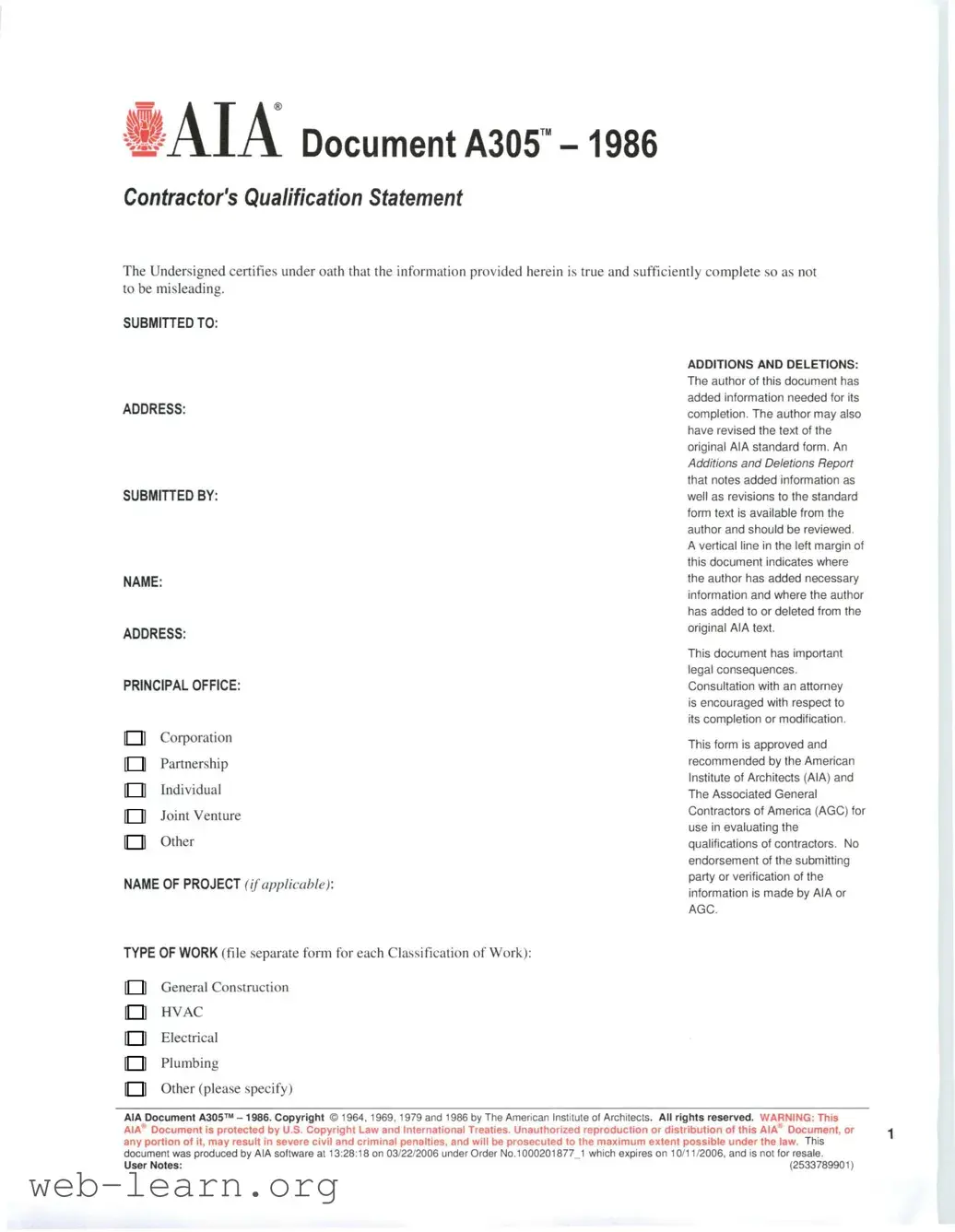 Blank AIA A305 Form