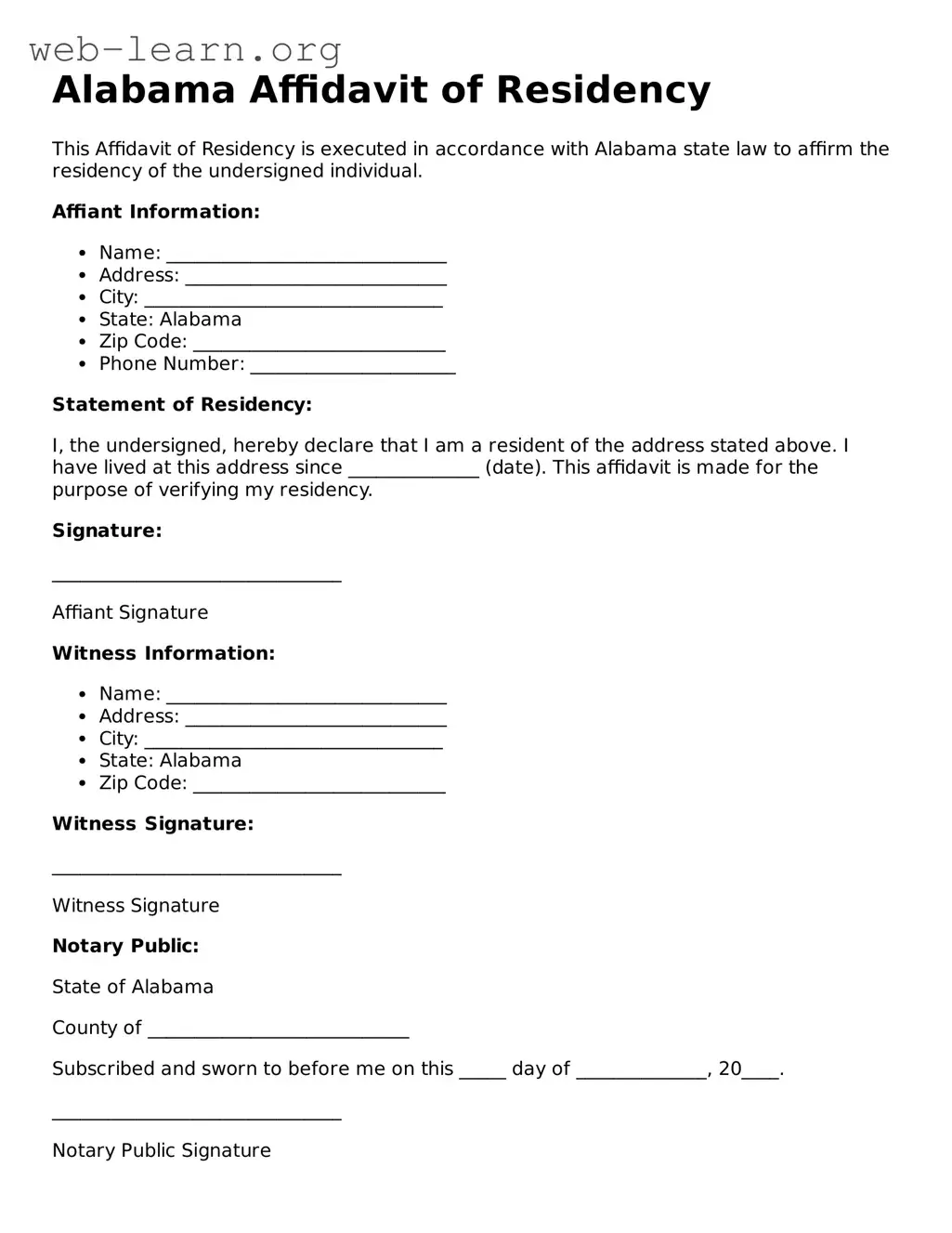 Attorney-Approved Affidavit of Residency Document for the State of Alabama