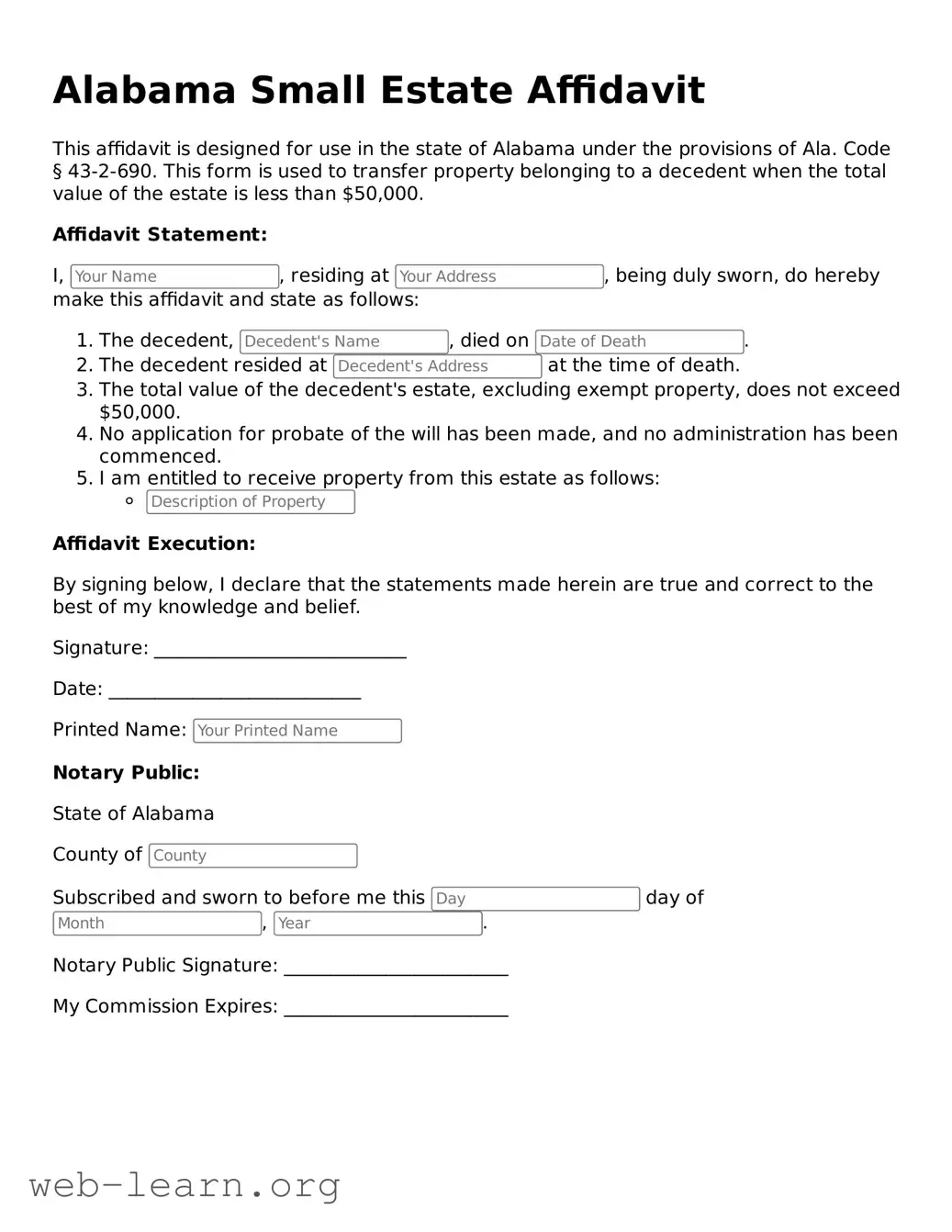 Attorney-Approved Small Estate Affidavit Document for the State of Alabama