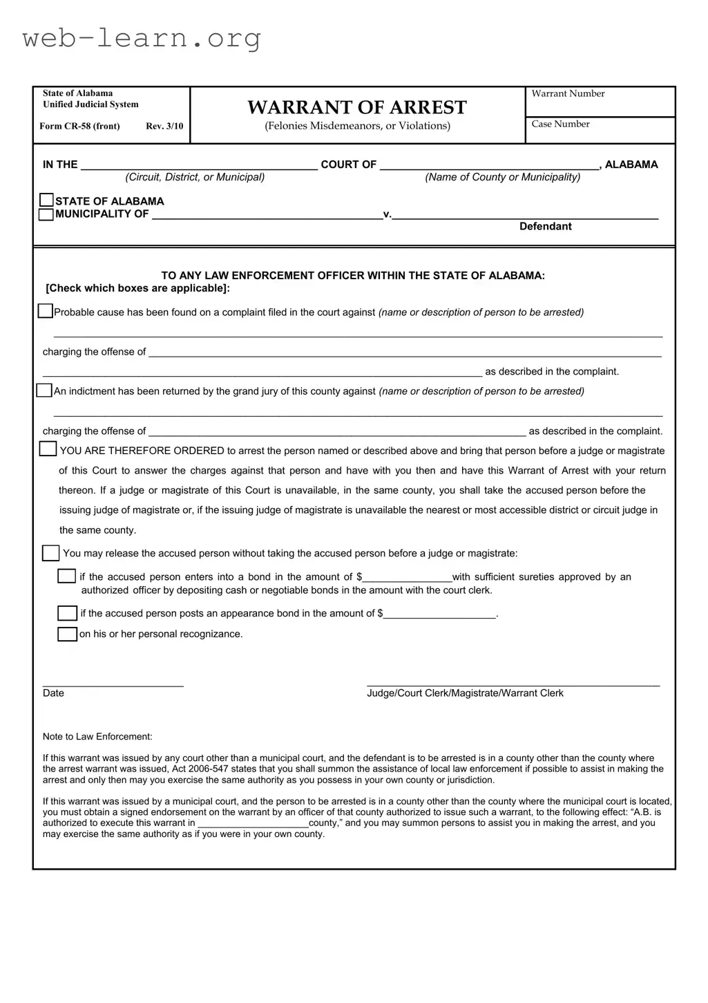 Blank Alabama Cr 58 Form