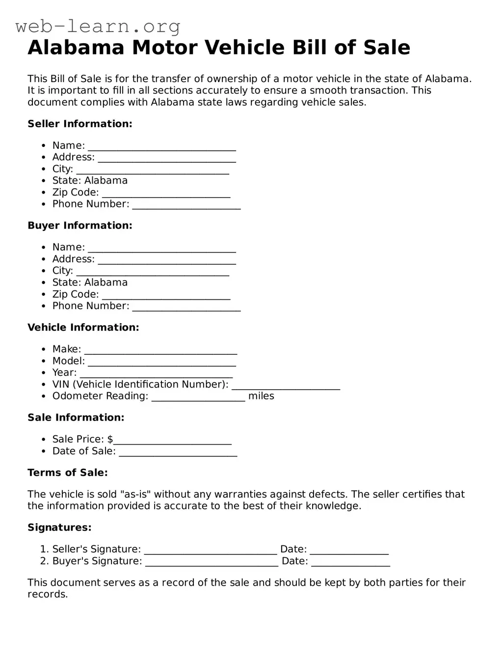 Attorney-Approved Motor Vehicle Bill of Sale Document for the State of Alabama
