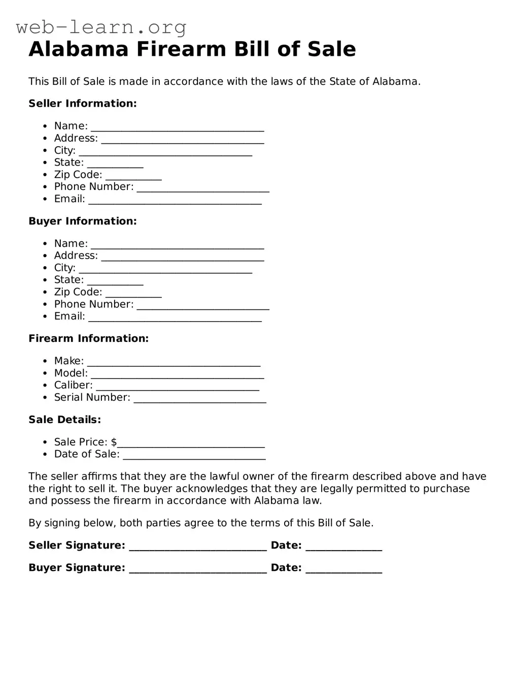 Attorney-Approved Firearm Bill of Sale Document for the State of Alabama