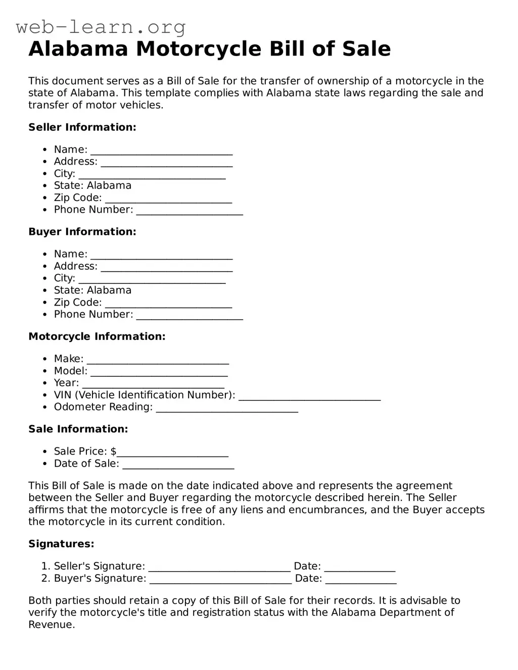 Attorney-Approved Motorcycle Bill of Sale Document for the State of Alabama