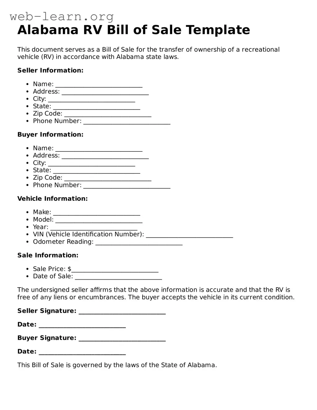 Attorney-Approved RV Bill of Sale Document for the State of Alabama
