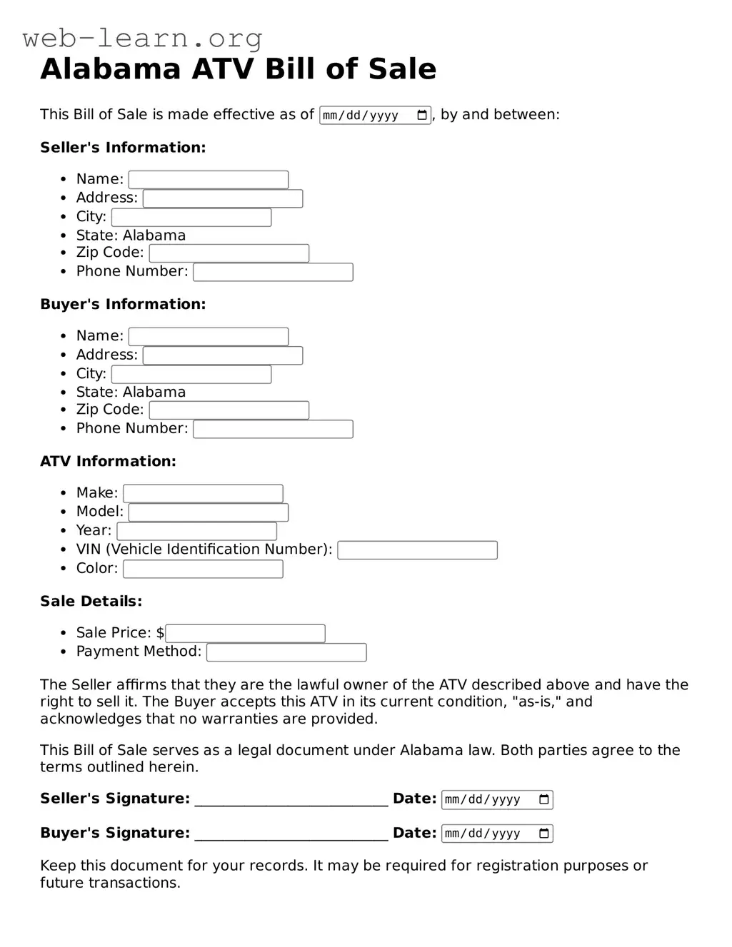 Attorney-Approved ATV Bill of Sale Document for the State of Alabama