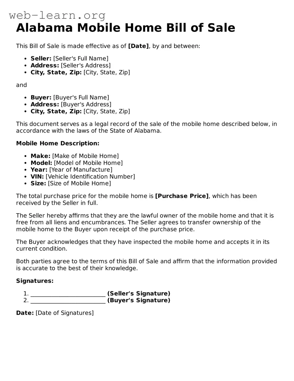 Attorney-Approved Mobile Home Bill of Sale Document for the State of Alabama