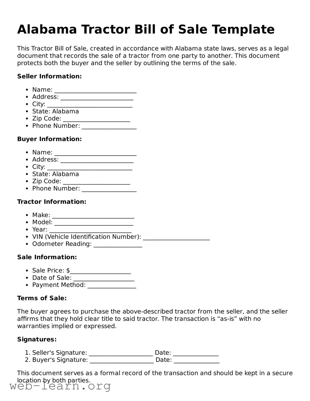 Attorney-Approved Tractor Bill of Sale Document for the State of Alabama