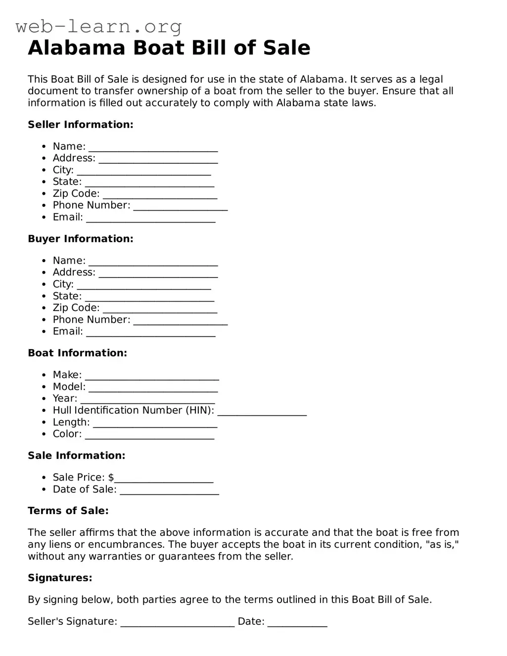 Attorney-Approved Boat Bill of Sale Document for the State of Alabama