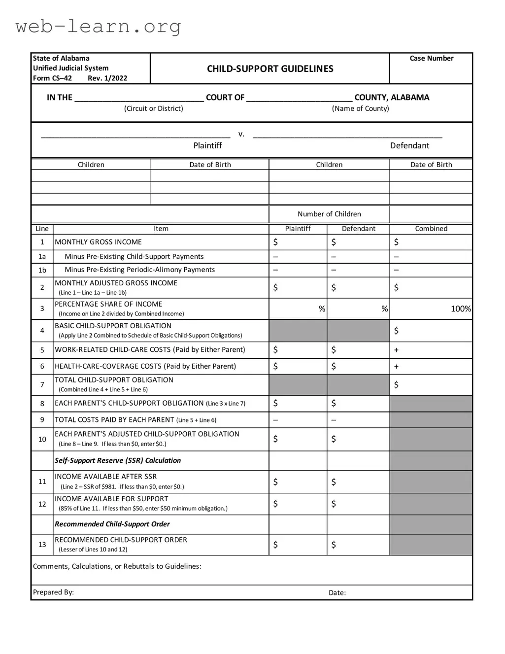 Blank Alabama Child Support Sheet Form