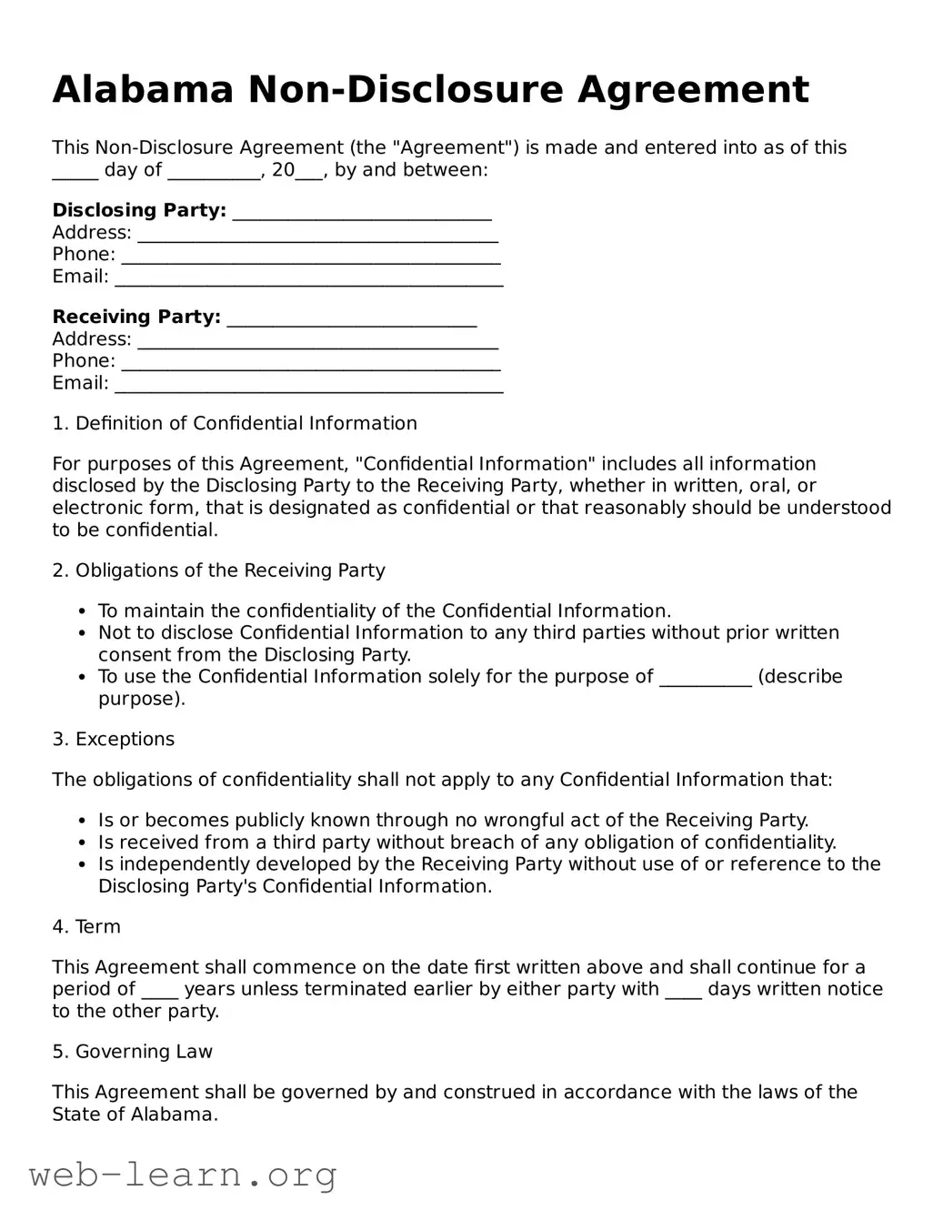 Attorney-Approved Non-disclosure Agreement Document for the State of Alabama