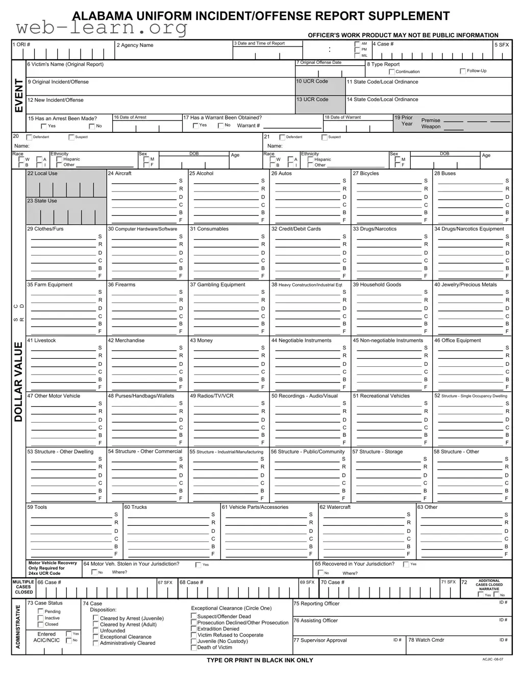 Blank Alabama Uniform Incident Report Form