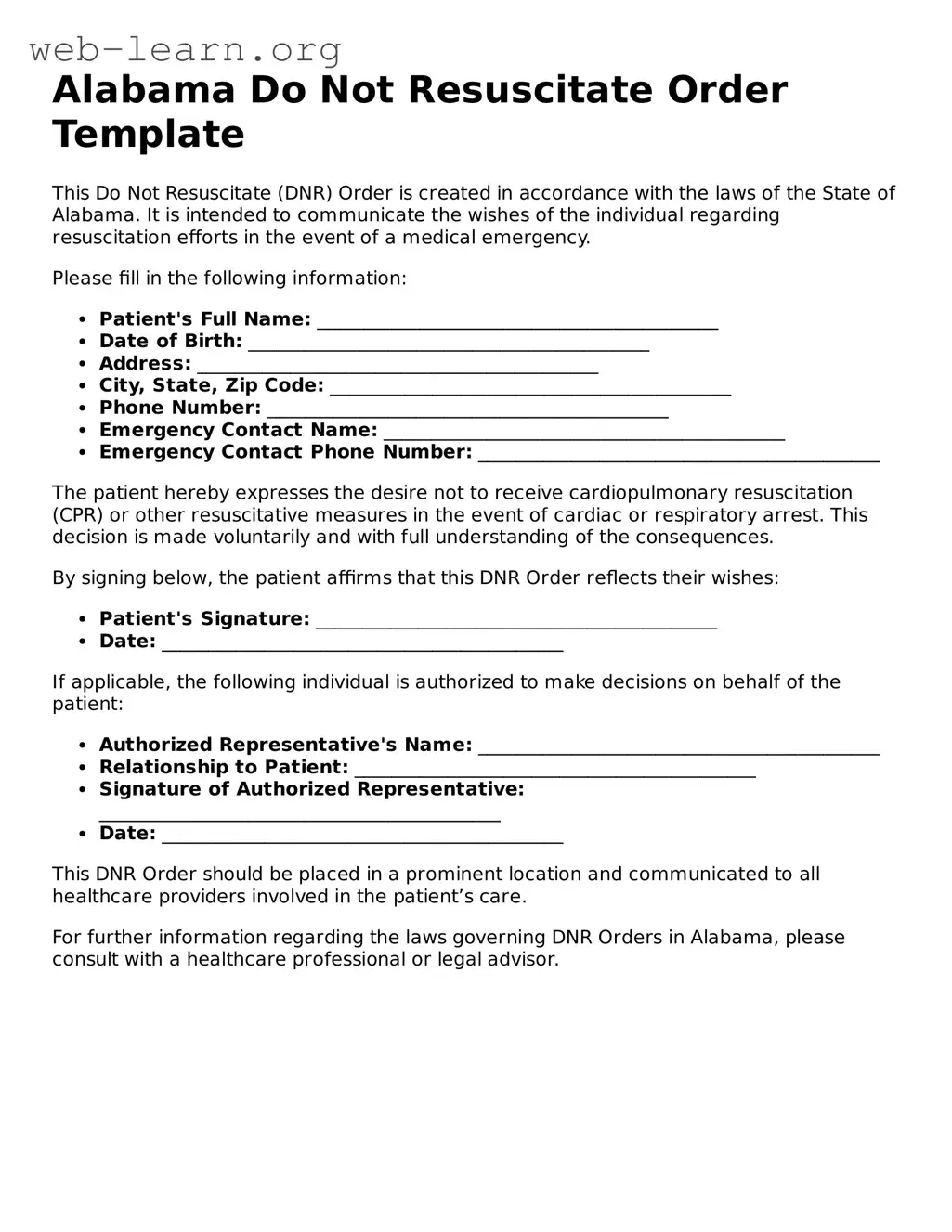 Attorney-Approved Do Not Resuscitate Order Document for the State of Alabama