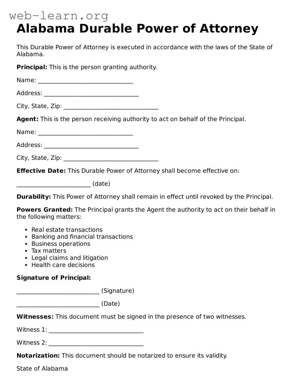 Attorney-Approved Durable Power of Attorney Document for the State of Alabama