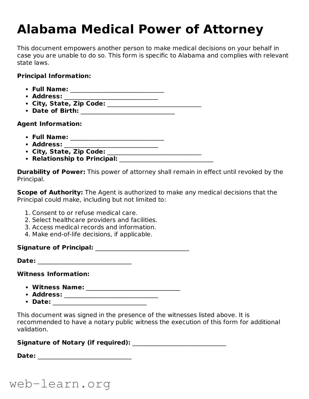 Attorney-Approved Medical Power of Attorney Document for the State of Alabama