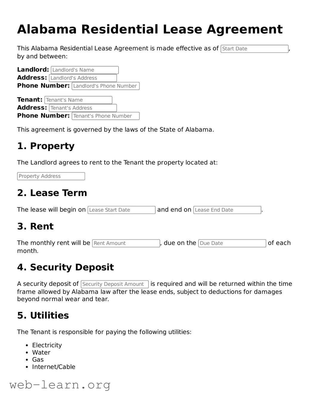 Attorney-Approved Residential Lease Agreement Document for the State of Alabama