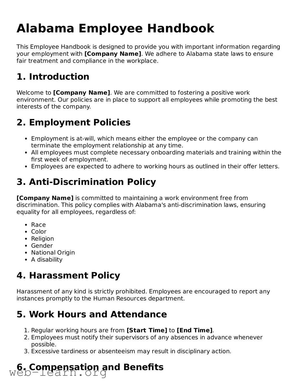 Attorney-Approved Employee Handbook Document for the State of Alabama