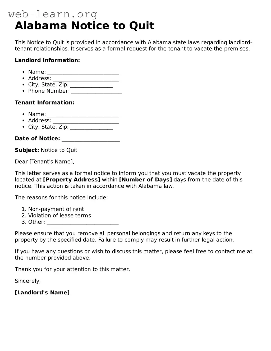 Attorney-Approved Notice to Quit Document for the State of Alabama