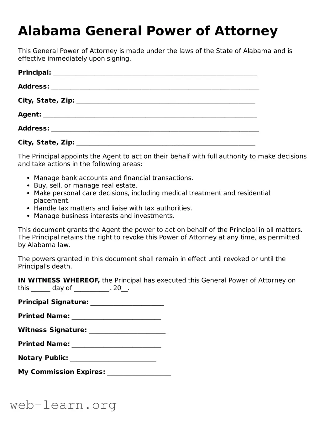 Attorney-Approved General Power of Attorney Document for the State of Alabama