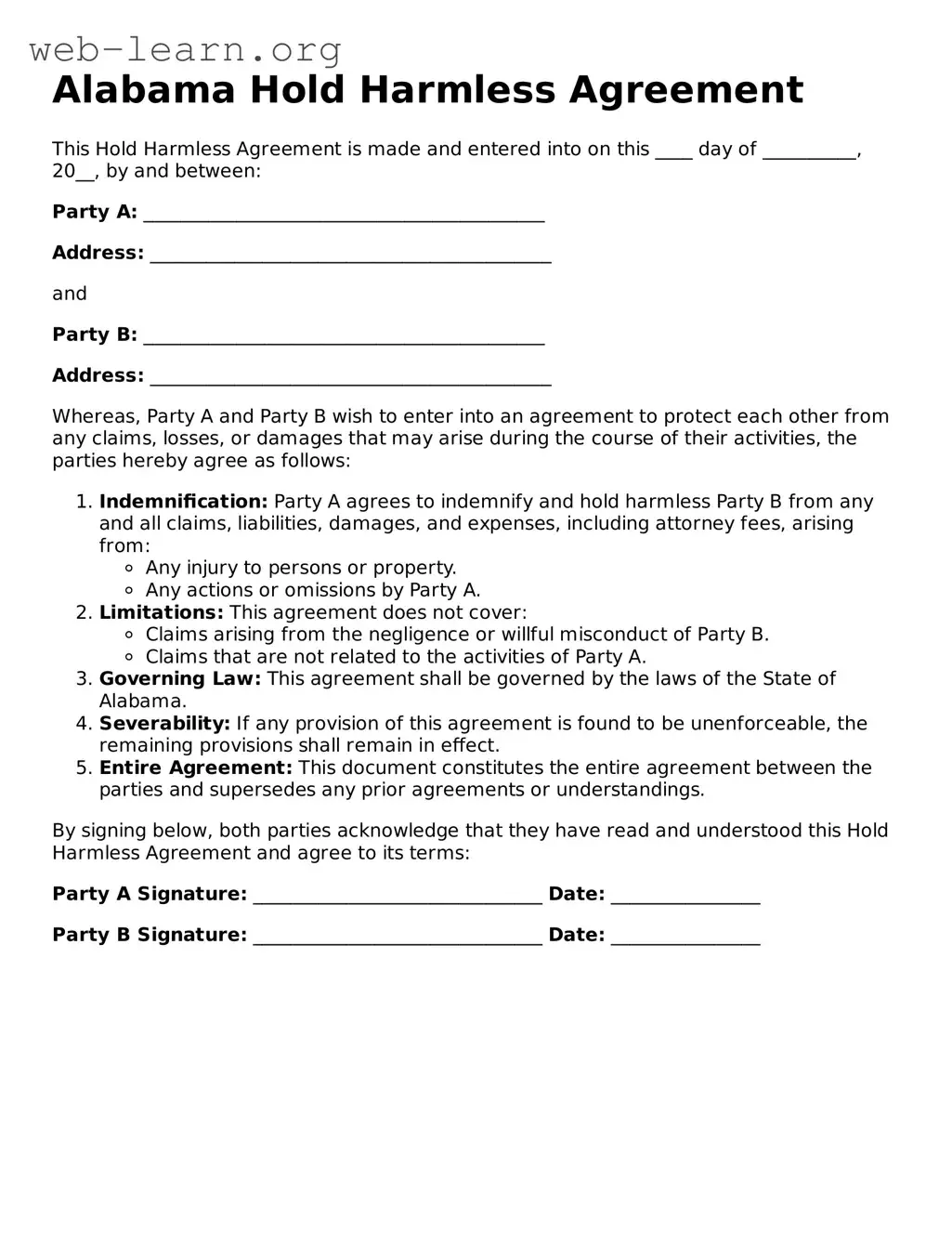 Attorney-Approved Hold Harmless Agreement Document for the State of Alabama