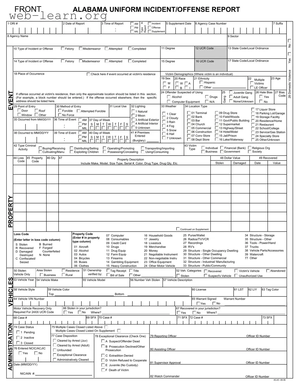 Blank Alabama Incident Offense Report Form
