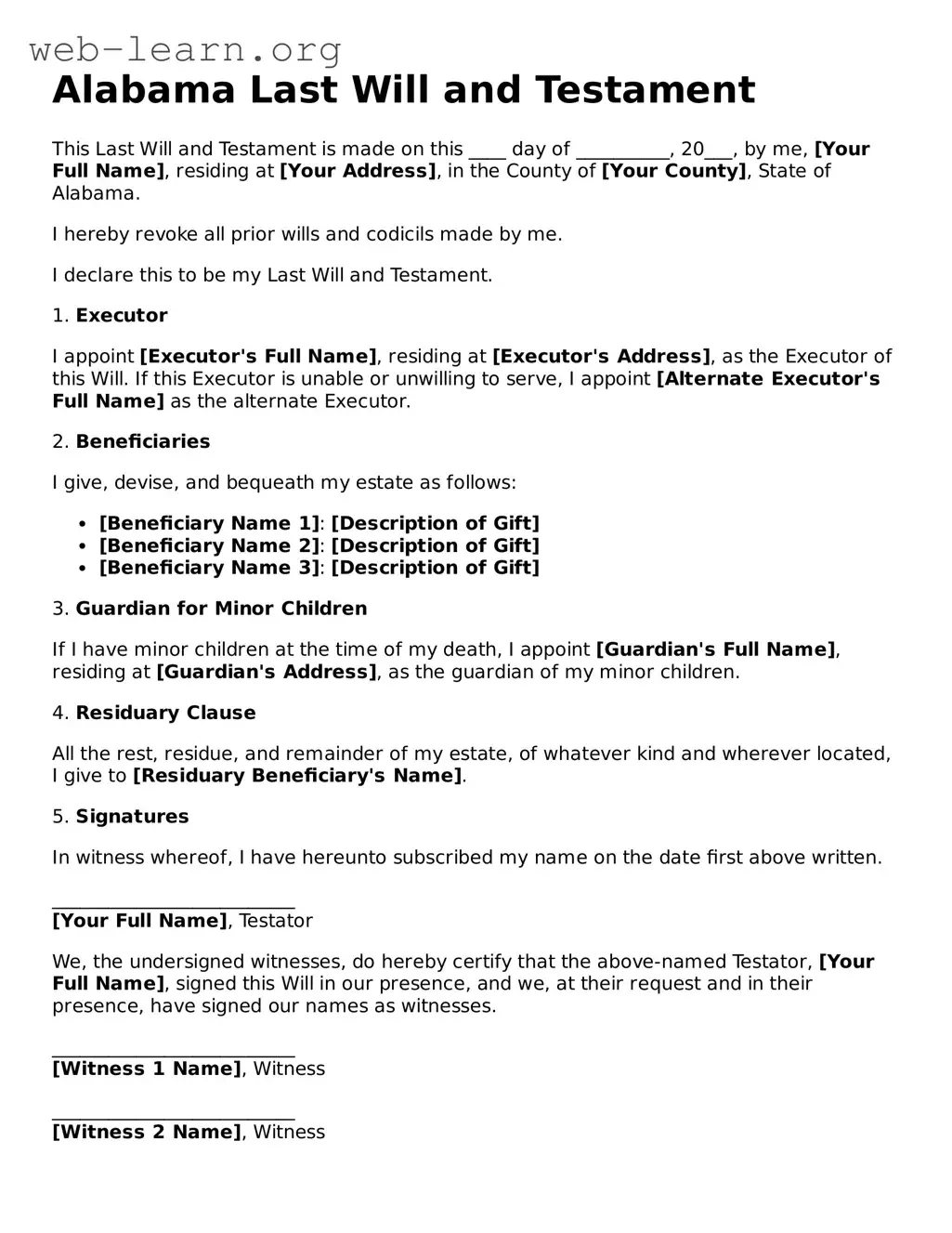 Attorney-Approved Last Will and Testament Document for the State of Alabama