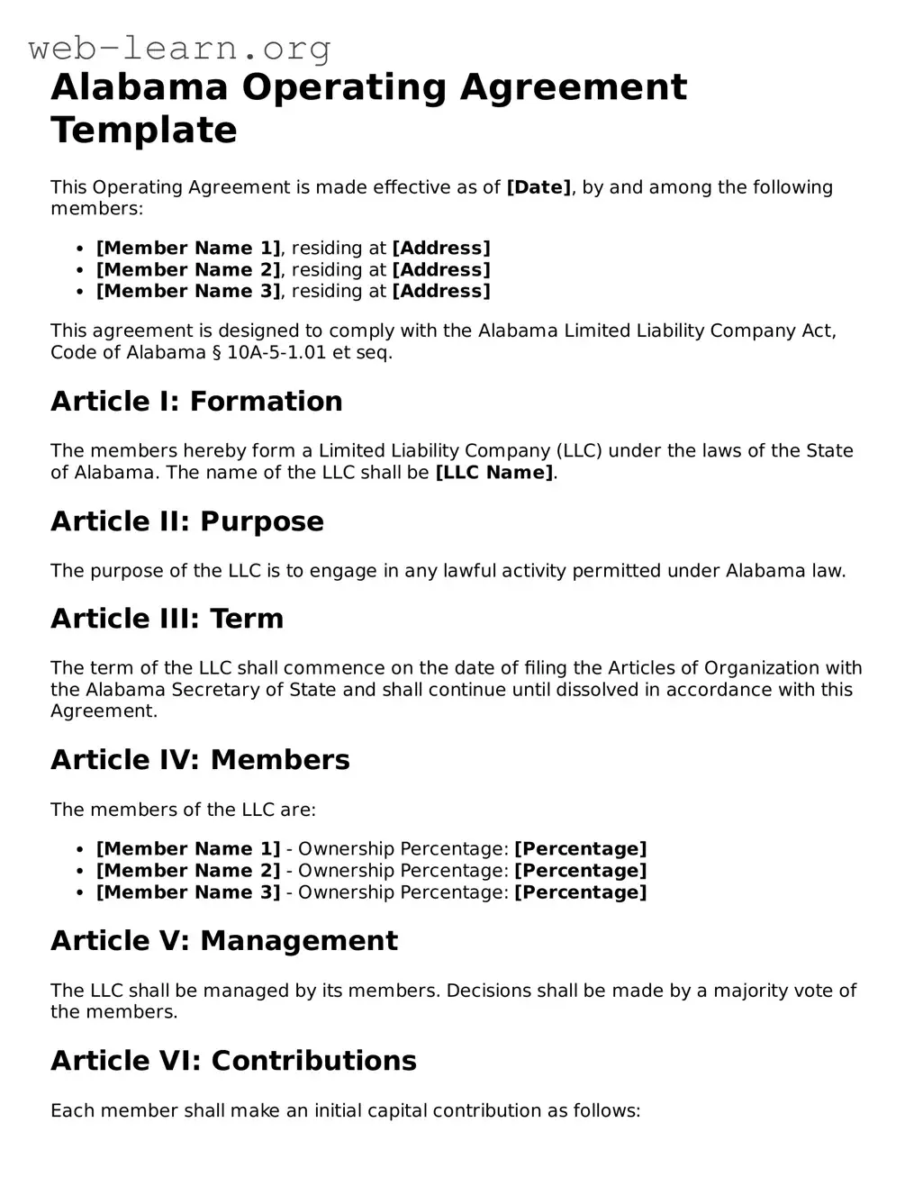 Attorney-Approved Operating Agreement Document for the State of Alabama