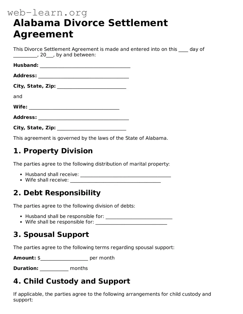 Attorney-Approved Divorce Settlement Agreement Document for the State of Alabama