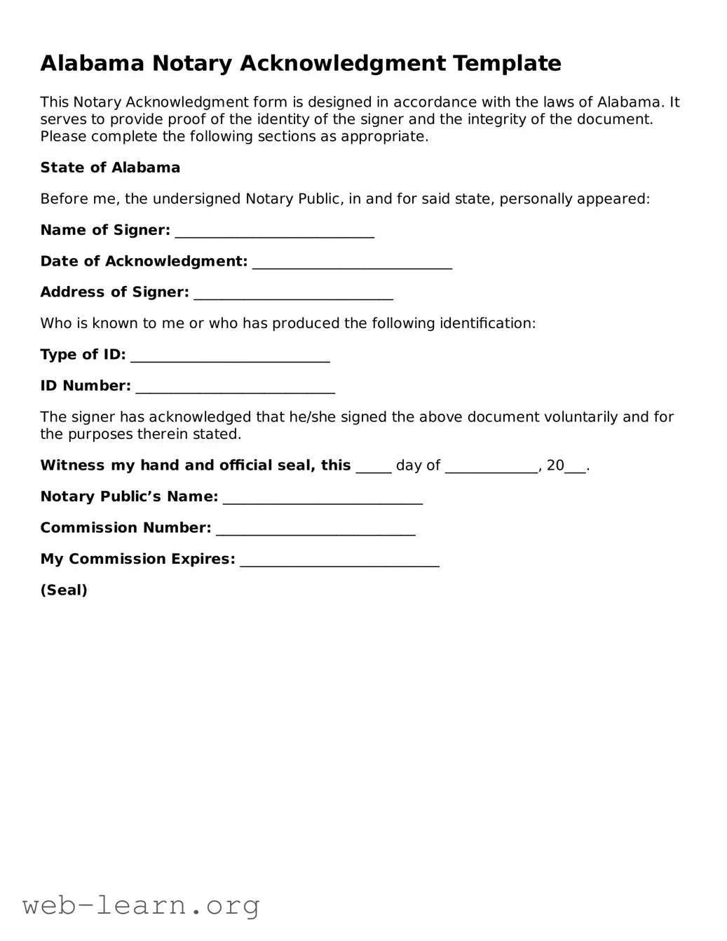 Attorney-Approved Notary Acknowledgement Document for the State of Alabama