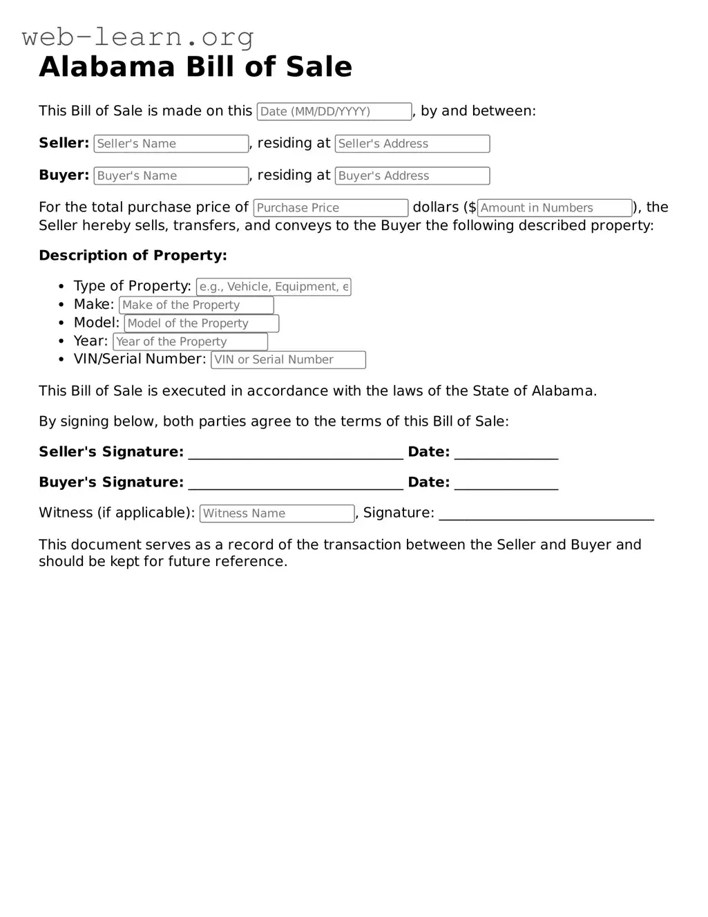 Attorney-Approved Bill of Sale Document for the State of Alabama