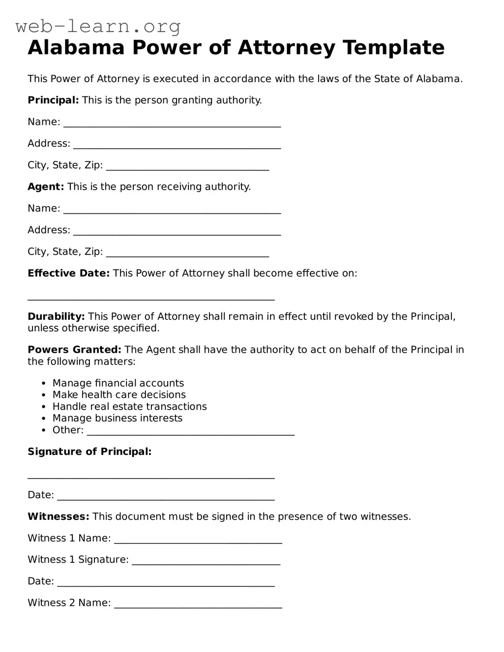 Attorney-Approved Power of Attorney Document for the State of Alabama