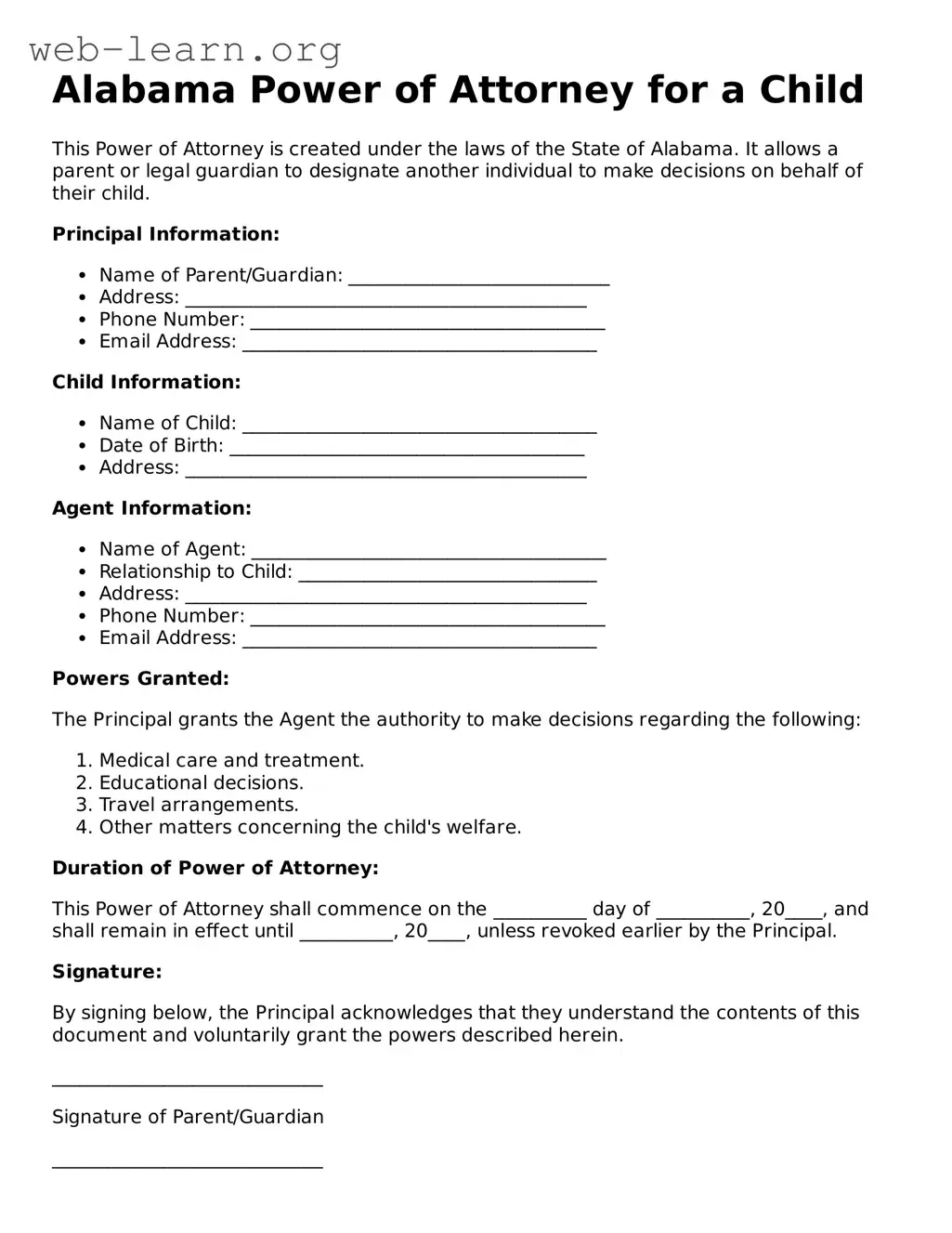 Attorney-Approved Power of Attorney for a Child Document for the State of Alabama
