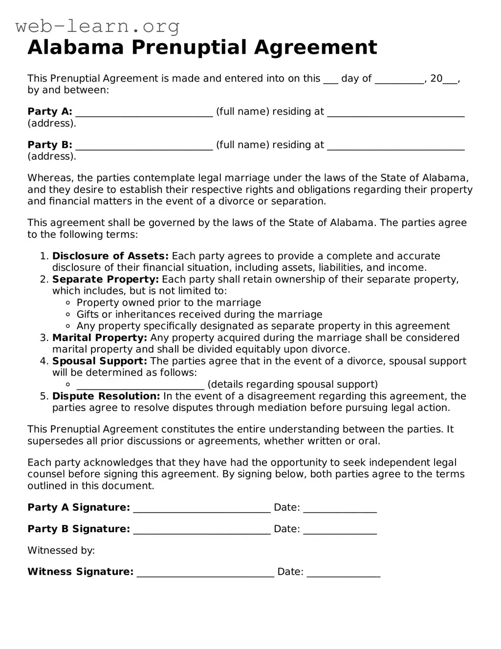 Attorney-Approved Prenuptial Agreement Document for the State of Alabama