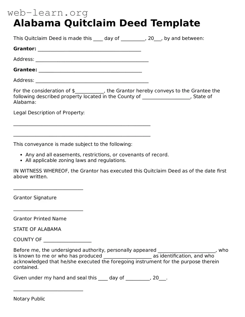 Attorney-Approved Quitclaim Deed Document for the State of Alabama