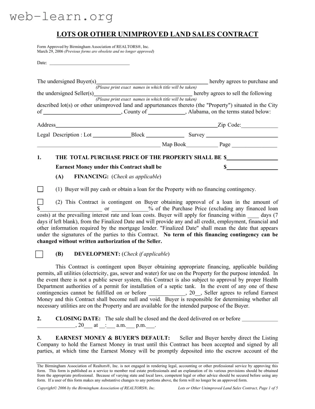 Blank Alabama Land Sales Contract Form