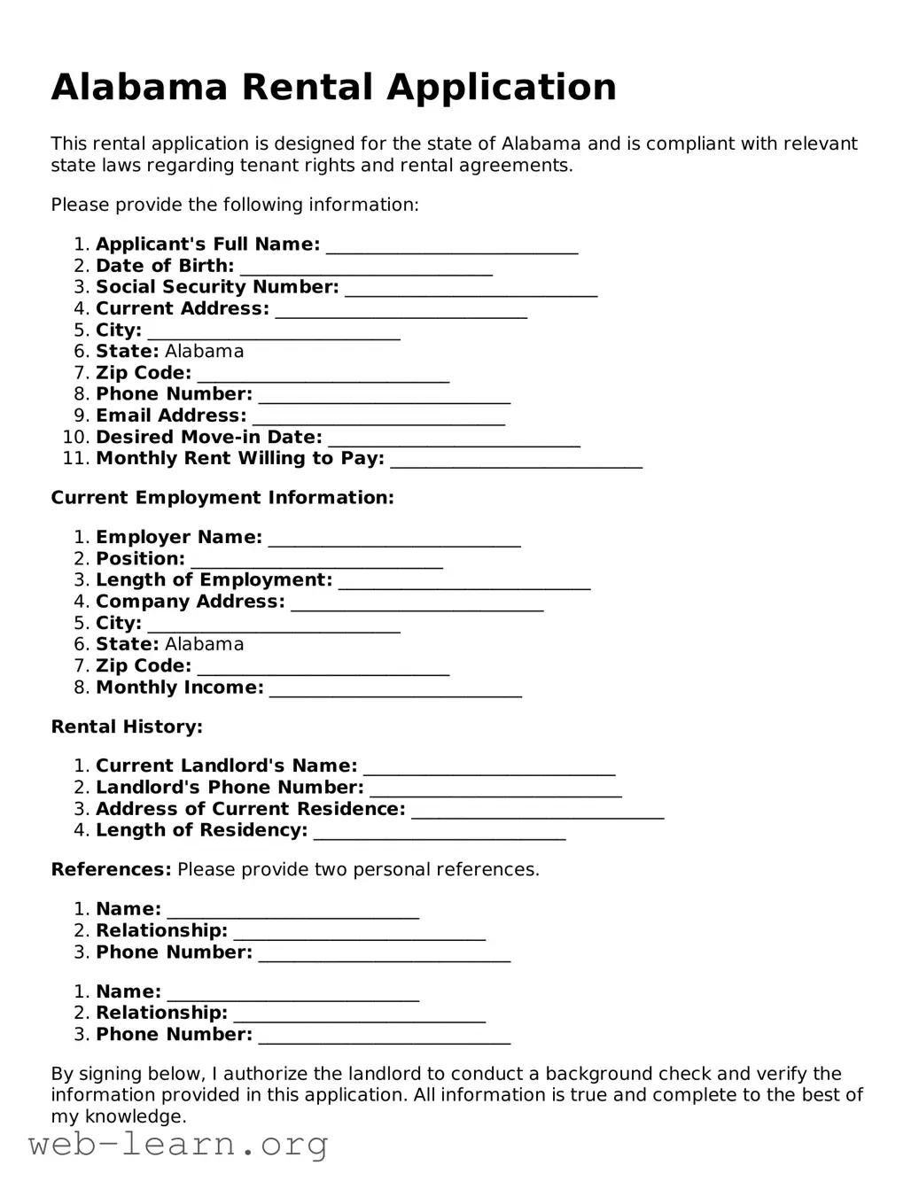 Attorney-Approved Rental Application Document for the State of Alabama